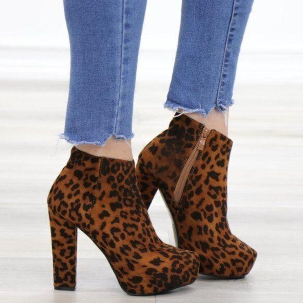 Leopard Suede Platform Ankle Heeled Booties - Picture 9 of 13